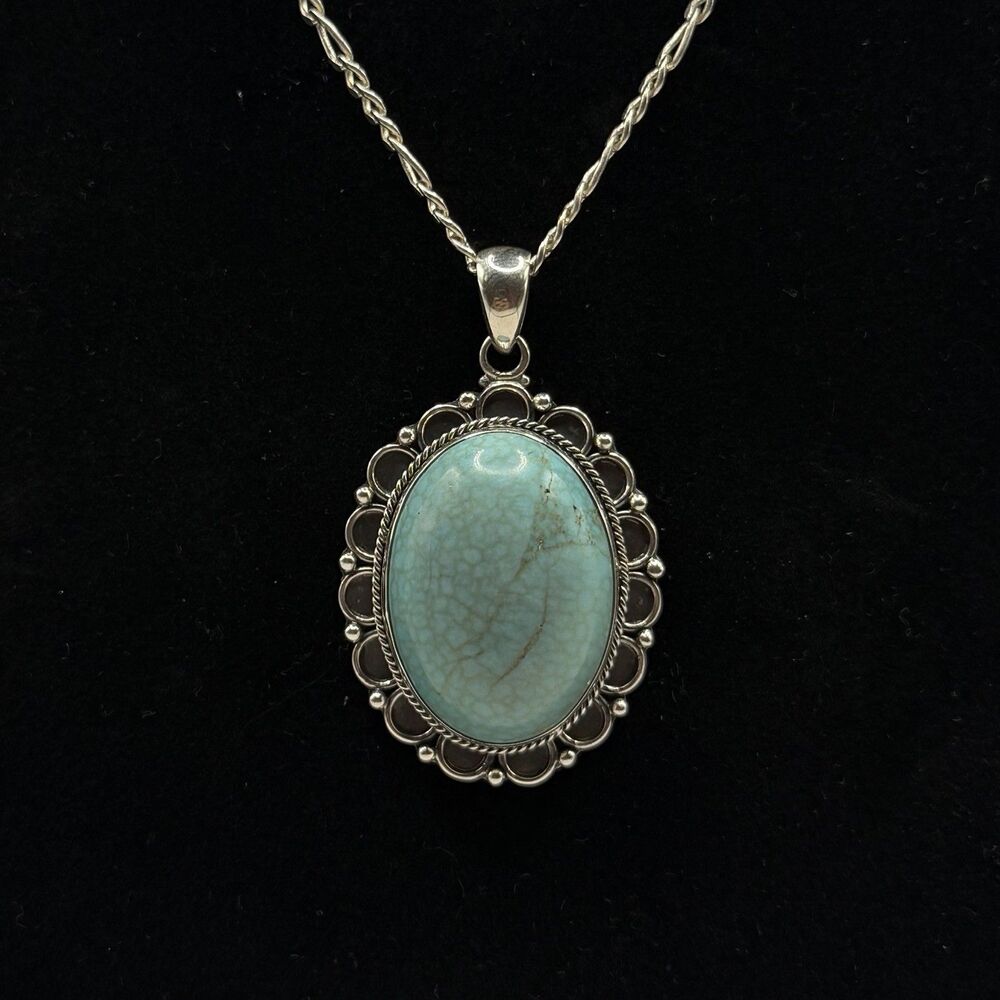 925 Sterling Silver Large Turquoise Pendant Necklace 24” Figaro